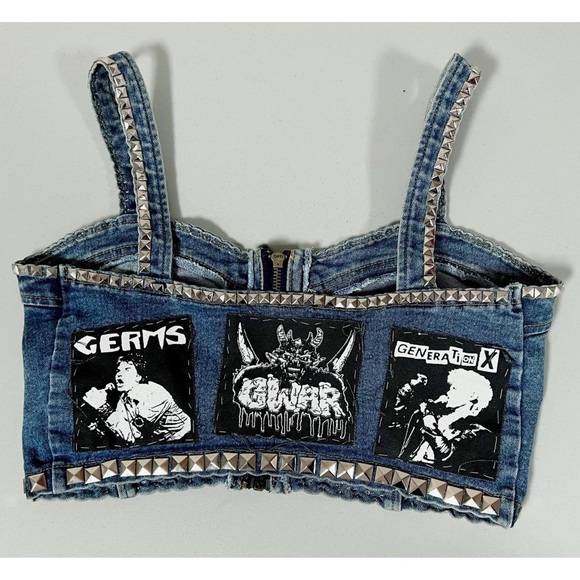 Denim Studded Germs, Gwar, Generation X Band Patches Bustier Crop Top Shirt 🖤⛓️ - Picture 1 of 2